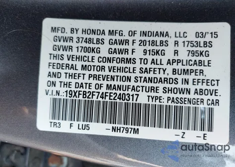 2015 Honda Civic Se z USA, uszkodzony, nr VIN 19XFB2F74FE240317